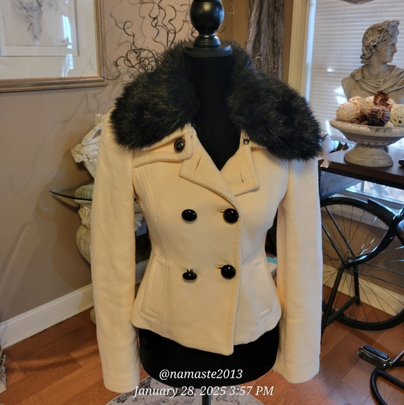 Bebe Wool Blend Jacket Faux Fur Collar Designer Celebrity Luxury